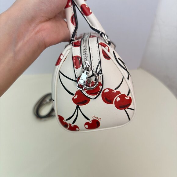 Coach Rowan Cherry Print Boston Bag | White Girlish Tote/Crossbody Bucket Bag - Picture 8 of 10